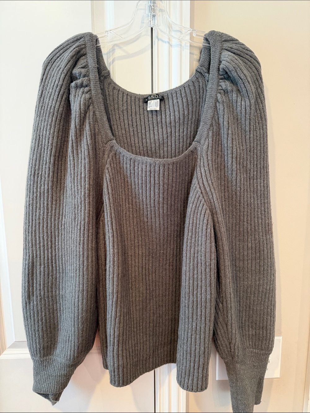 Windsor Charcoal balloon sleeve Ribbed Scoop-Neck Puff Sleeve Sweater
